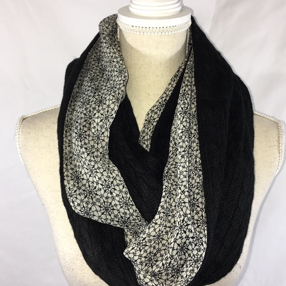 Ann Taylor black knit & floral eternity scarf